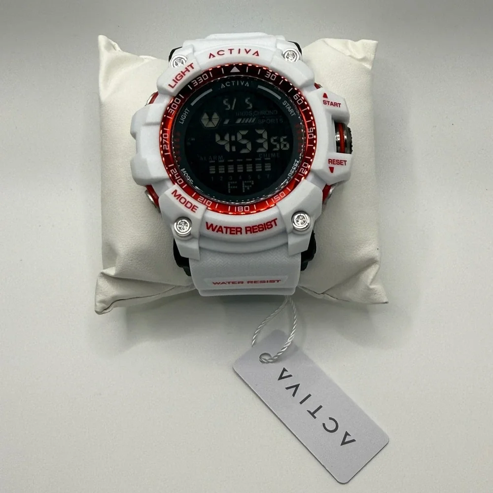 Activa Mens Digital Sports Watch White Red Resin Strap ACW8020-012 New